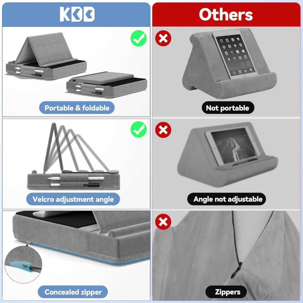 Tablet Pillow Stand, Multi-Angle Viewing Ipad Holder for Lap, Bed and Desk, Foldable Soft Pad Dock with Stylus Mount Compatible with Ipad Pro 12.9, 10.5, 11, Air, Mini, Phones, Books, E-Reader