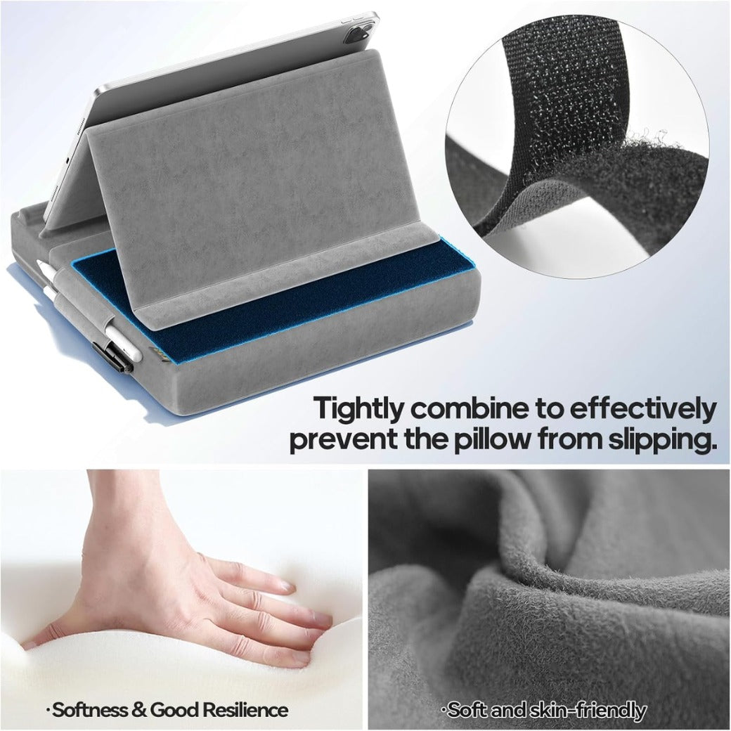 Tablet Pillow Stand, Multi-Angle Viewing Ipad Holder for Lap, Bed and Desk, Foldable Soft Pad Dock with Stylus Mount Compatible with Ipad Pro 12.9, 10.5, 11, Air, Mini, Phones, Books, E-Reader