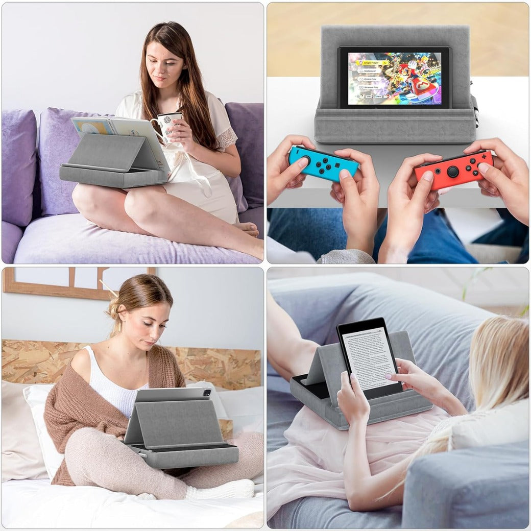 Tablet Pillow Stand, Multi-Angle Viewing Ipad Holder for Lap, Bed and Desk, Foldable Soft Pad Dock with Stylus Mount Compatible with Ipad Pro 12.9, 10.5, 11, Air, Mini, Phones, Books, E-Reader