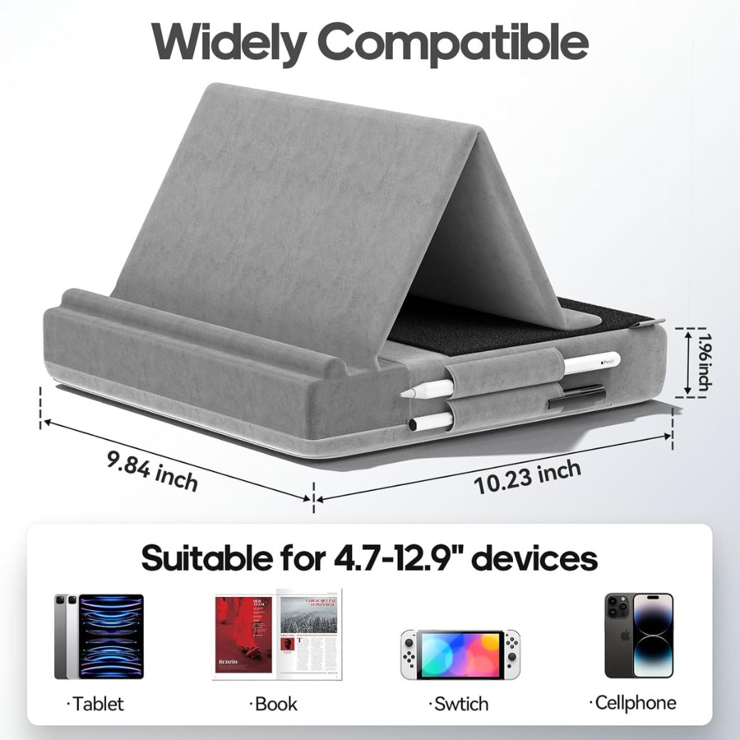 Tablet Pillow Stand, Multi-Angle Viewing Ipad Holder for Lap, Bed and Desk, Foldable Soft Pad Dock with Stylus Mount Compatible with Ipad Pro 12.9, 10.5, 11, Air, Mini, Phones, Books, E-Reader