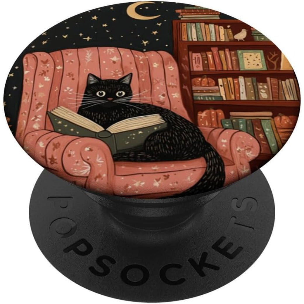 Black Cat Reading a Book in a Cozy Autumn Setting PopSockets Adhesive PopGrip