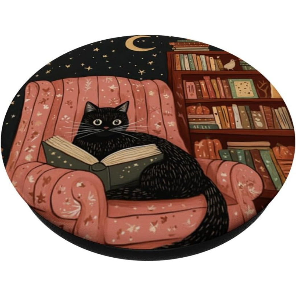 Black Cat Reading a Book in a Cozy Autumn Setting PopSockets Adhesive PopGrip