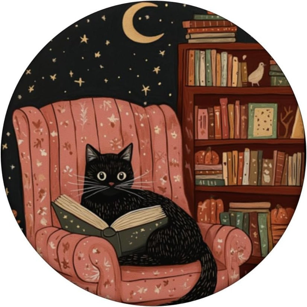Black Cat Reading a Book in a Cozy Autumn Setting PopSockets Adhesive PopGrip