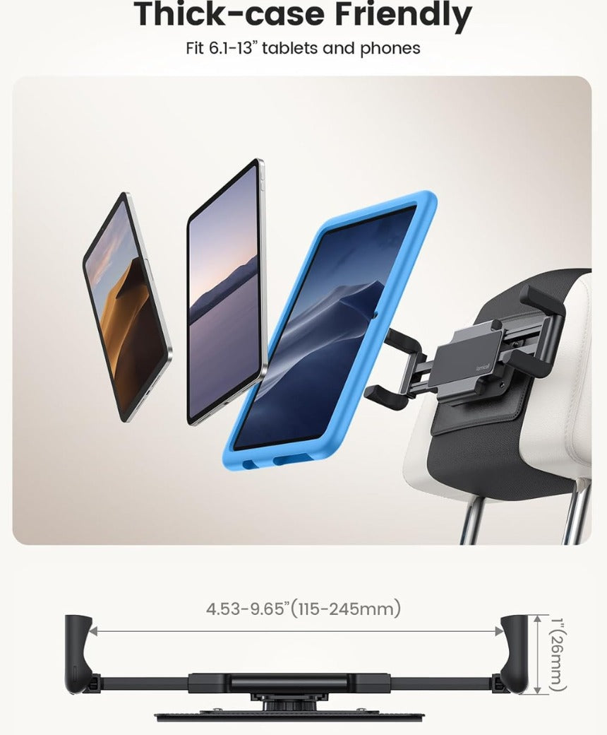 Car Tablet Holder for Kids - [Silicone Wide Clip] Universal 360°Rotating Headrest Car Mount, Foldable Backseat Holder for iPad Pro 13/11/10.5/9.7, Air Mini 6 5 4 3, Phone, Tab, 6.1-13” Device