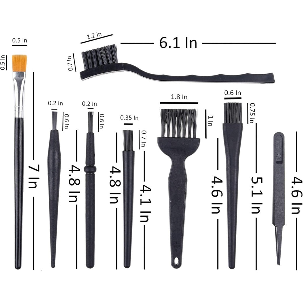 Multi-Purpose Brushes (Black) - 9 PACK - 7x Multi-Sized Brushes, 1x Anti-Static Tweezers, 1x Cleaning Cloth - Small Gaps - Computers, Keyboards, PCBs, Vents, Car Interior, Window Track