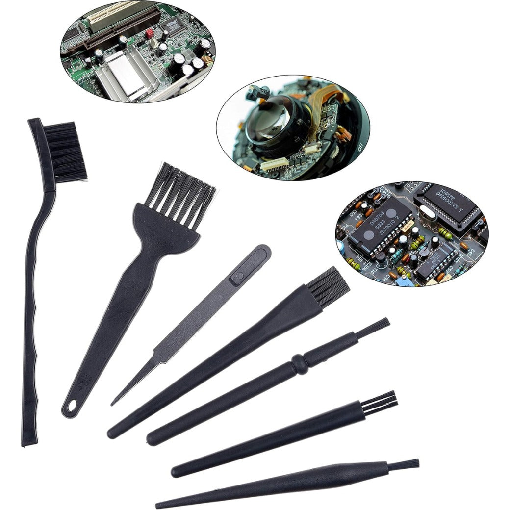 Multi-Purpose Brushes (Black) - 9 PACK - 7x Multi-Sized Brushes, 1x Anti-Static Tweezers, 1x Cleaning Cloth - Small Gaps - Computers, Keyboards, PCBs, Vents, Car Interior, Window Track