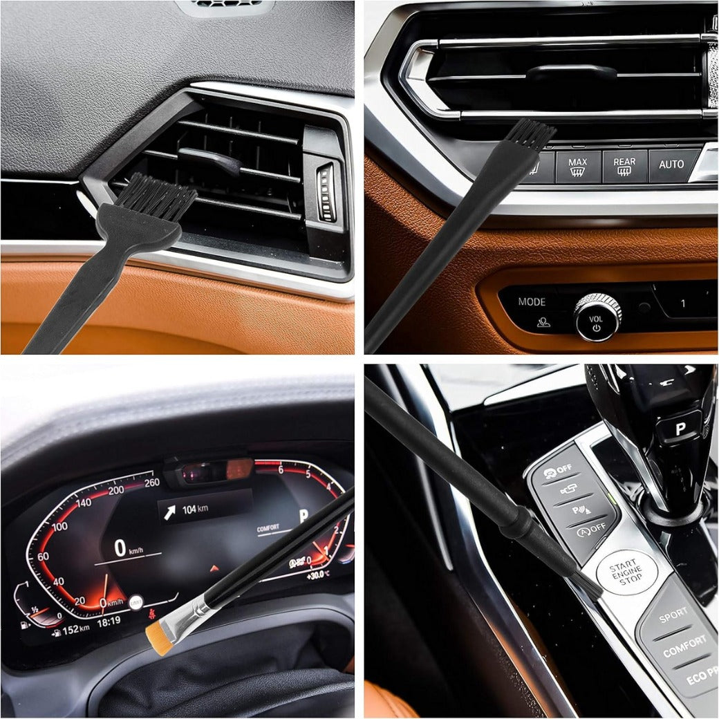 Multi-Purpose Brushes (Black) - 9 PACK - 7x Multi-Sized Brushes, 1x Anti-Static Tweezers, 1x Cleaning Cloth - Small Gaps - Computers, Keyboards, PCBs, Vents, Car Interior, Window Track