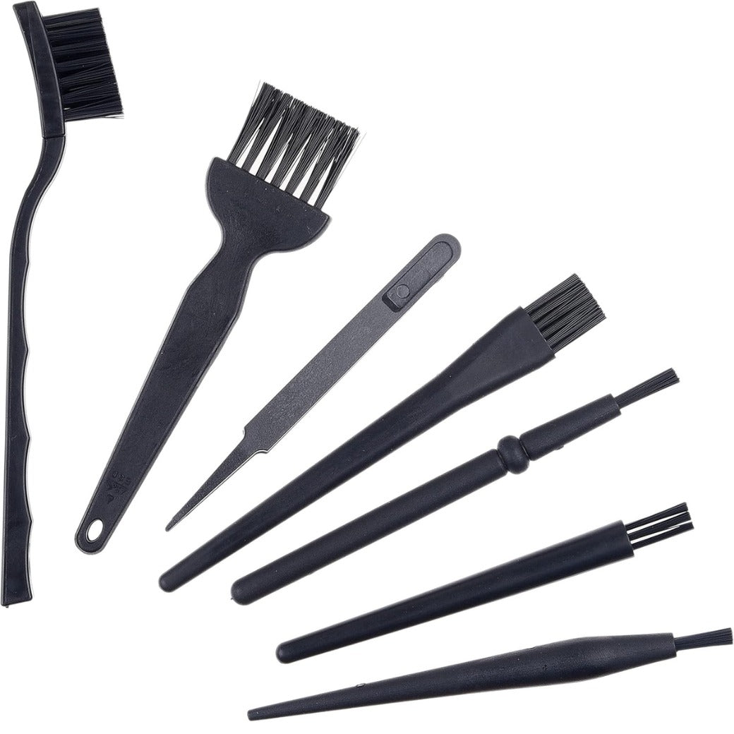 Multi-Purpose Brushes (Black) - 9 PACK - 7x Multi-Sized Brushes, 1x Anti-Static Tweezers, 1x Cleaning Cloth - Small Gaps - Computers, Keyboards, PCBs, Vents, Car Interior, Window Track