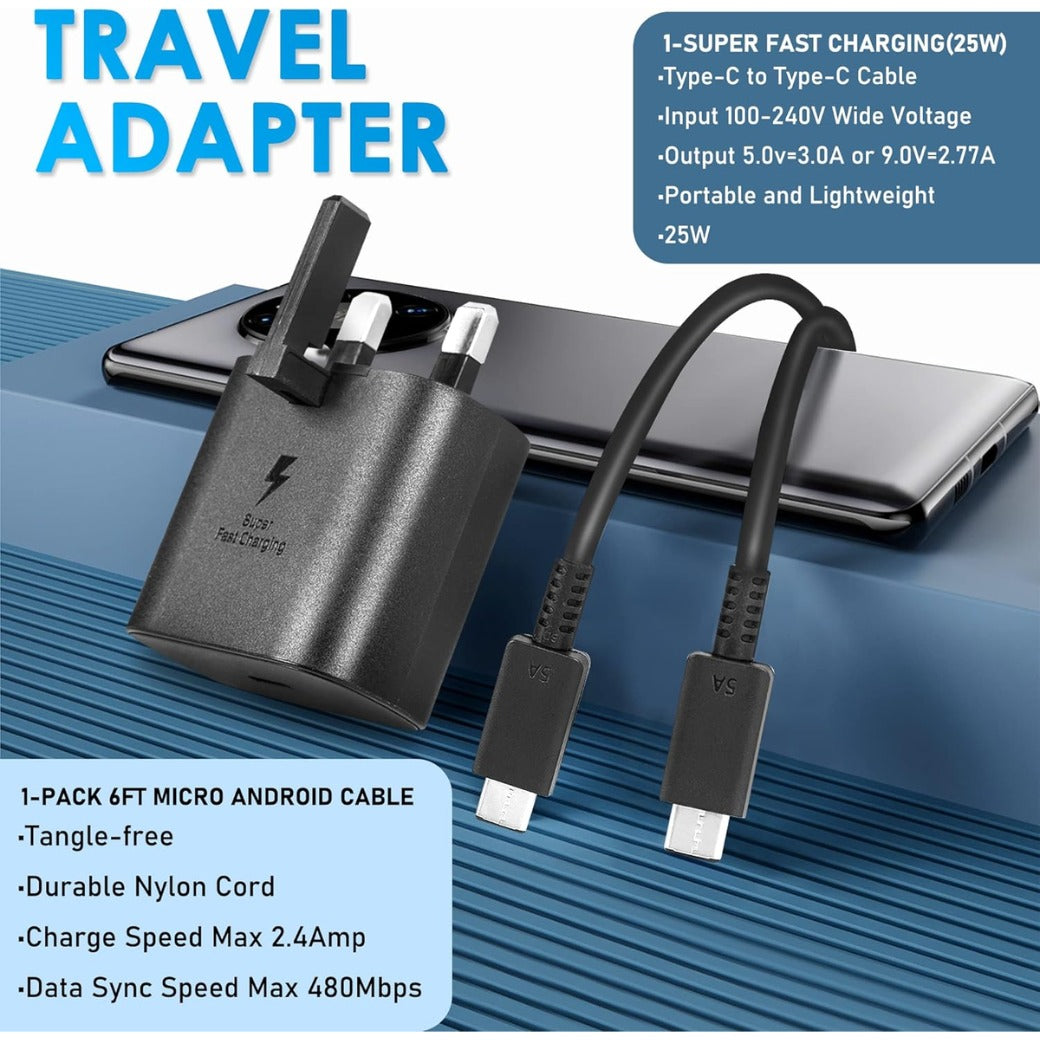 Samsung 25W Fast Charger w/ 6 FT USB C Cable - Compatible w/ Galaxy Smartphones & Other USB Type C Devices