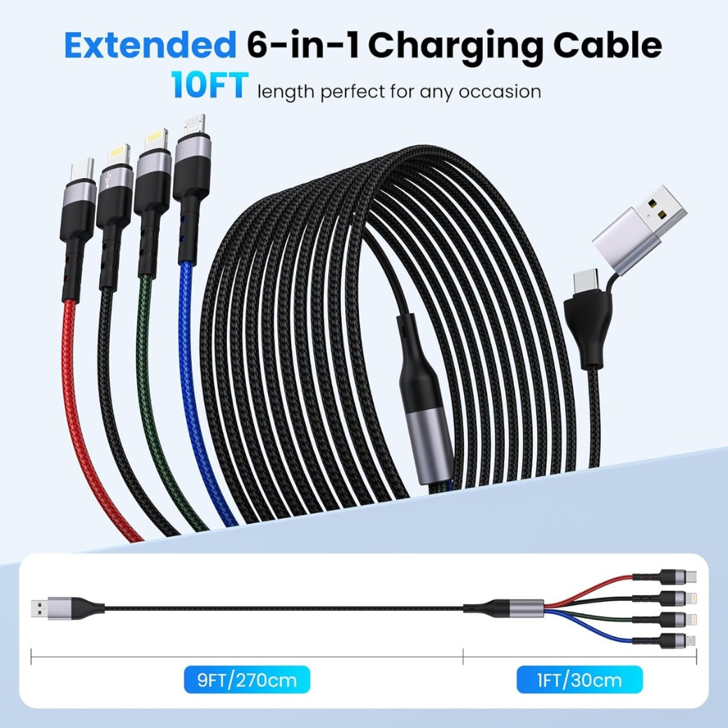 100W Multi Charging Cable, 4 in 2 Fast Charging Cord, 10FT Multiple USB Charger Cable Nylon Braided with USB C/Lightn-ing/Micro Connectors for iPhone, iOS,Samsung, Android, Galaxy, Xiaomi, Oneplus