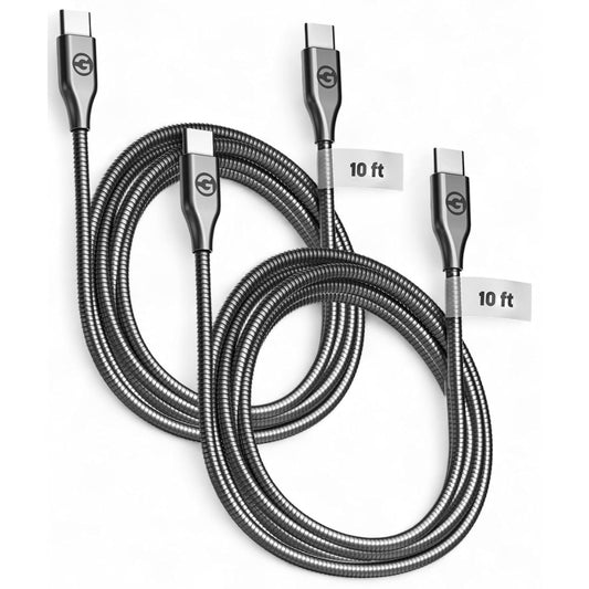 10Ft Anti-Tangle USB-C Charger Cable (2 Pack) Fast Charging (60W) Long 10 Foot Alloy-Braided Metal Type C Cord, Designed for Samsung and iPhone Devices (Gunmetal)