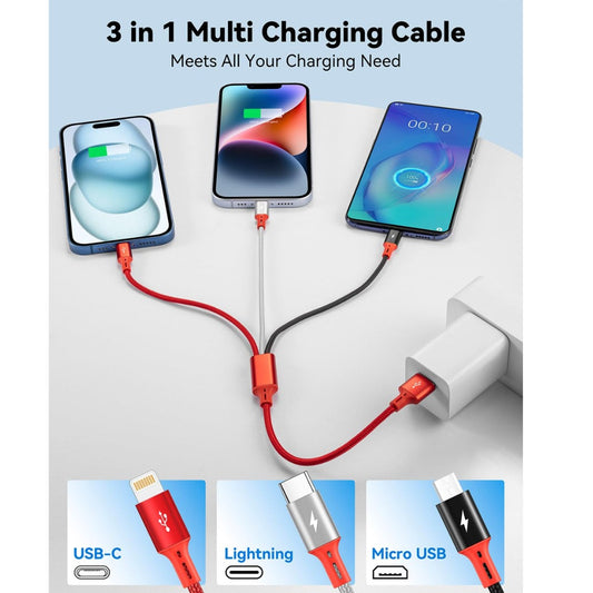 3pcs Multi USB Charging Cable 3A, 3 in 1 Braided USB Fast Charger Cord Connector with Phone/Micro USB/Type C Port for Cell Phones/Galaxy S9 S8 S7/Pixel/LG/Tablets and More(Red, 1ft/35cm)