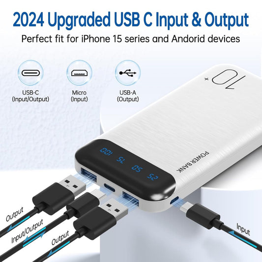 Power Bank 10000mAh Portable Charger Slim External Battery Pack with 2 USB 2.4A Outputs and USB C in/Out Compatible with Huawei iPhone 15 14 13 12 iPads Samsung S20 Android Tablet (White, Large)