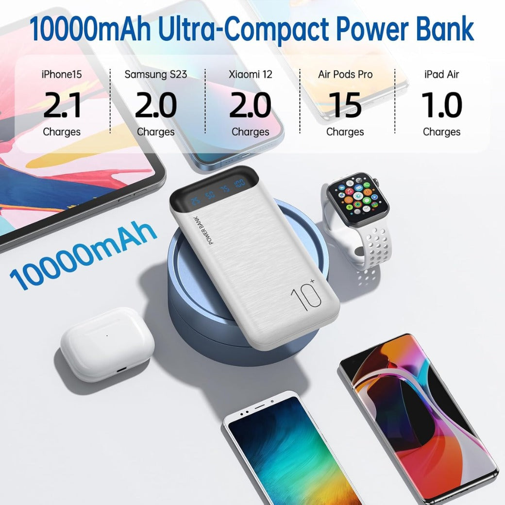 Power Bank 10000mAh Portable Charger Slim External Battery Pack with 2 USB 2.4A Outputs and USB C in/Out Compatible with Huawei iPhone 15 14 13 12 iPads Samsung S20 Android Tablet (White, Large)
