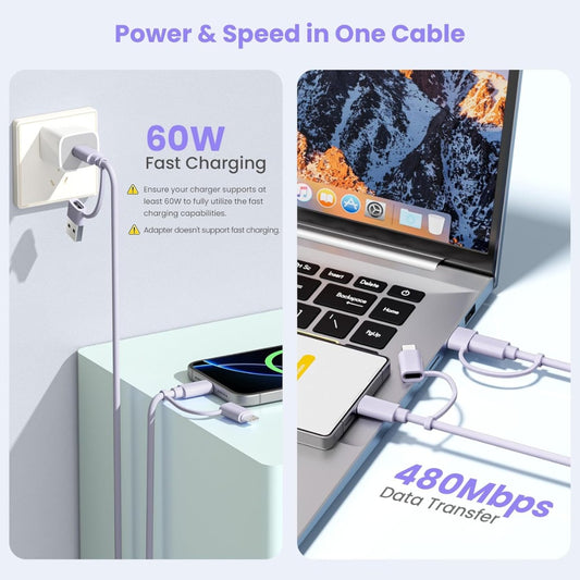 Elebase Multi Charger Cable for iPhone 17,4 in 1 Charging Cord 2M,60W Fast Charging USB C Cable with USB A/Lightning Adapter for New Apple 16 15 14 Pro Max Plus,AirPods 3,iPad Air 5,Mini 6 7,Macbook