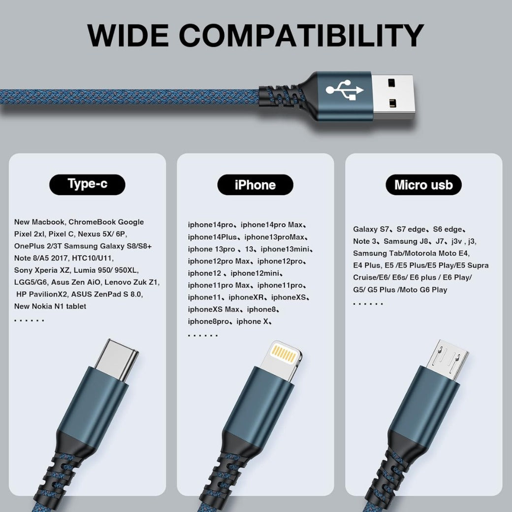 Multi Charger Cable, [1.2M] 3 in 1 Charging Cable USB Cable Phone Charger Cable with Micro + USB C +Lightning Connector for iPhone, Android Galaxy, Huawei, Nexus, Nokia,LG, Sony, PS4