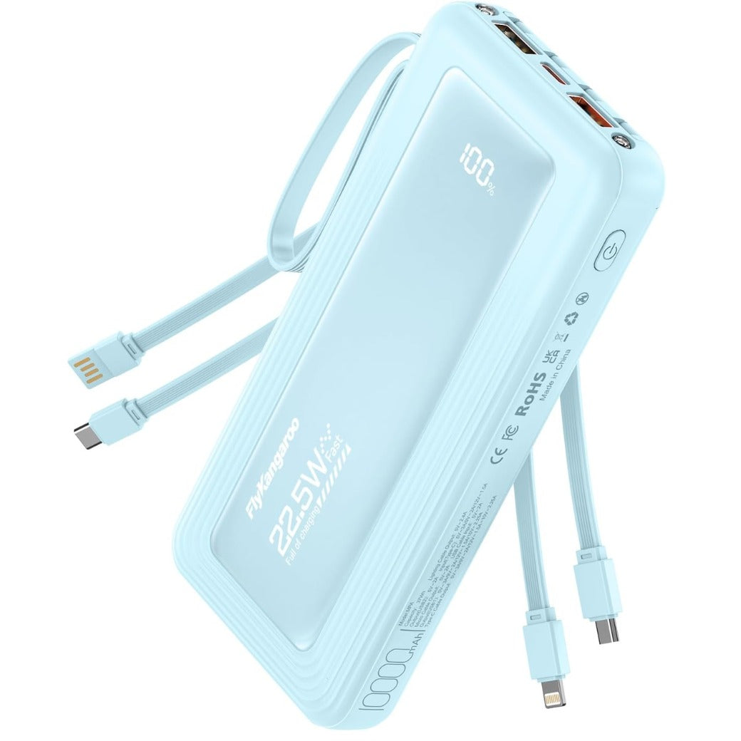 Power Bank Built-in Cable, Slim 10000mAh Fast Charging Portable Charger with Flashlight & 6 Outputs,USB C External Battery Pack for iPhone 16 15 14 Android and More