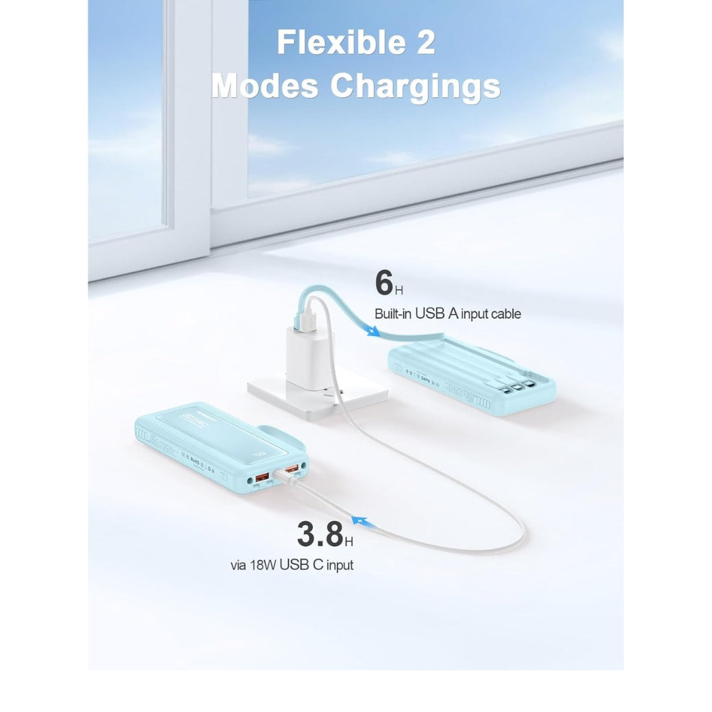 Power Bank Built-in Cable, Slim 10000mAh Fast Charging Portable Charger with Flashlight & 6 Outputs,USB C External Battery Pack for iPhone 16 15 14 Android and More