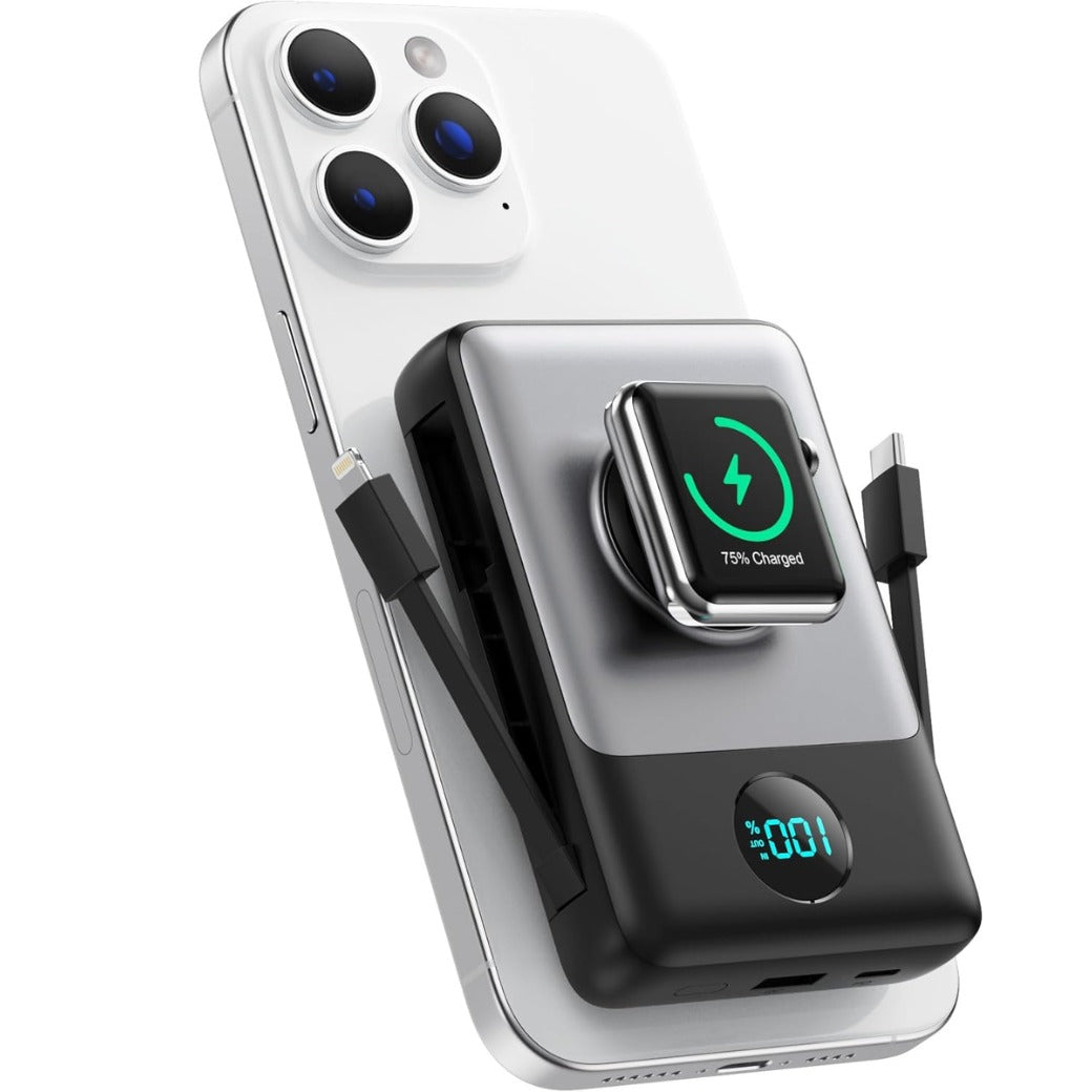 Magnetic Power Bank 10800mAh for iPhone with Built-in Cables,6-in-1 Wireless Portable Charger with iWatch Charger,LCD Display 25W PD Fast Charging Battery Pack for iPhone 17/16/15/14/13/12,Apple Watch