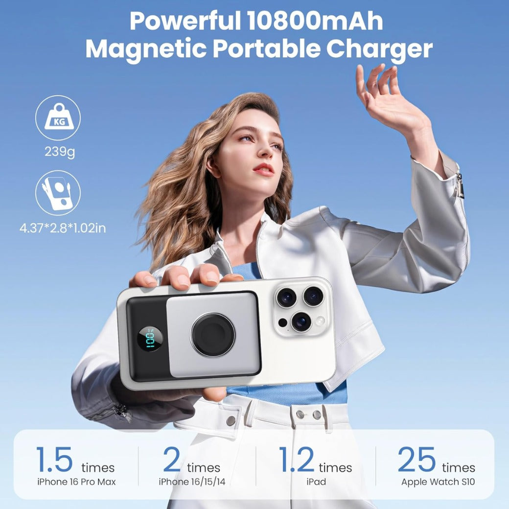 Magnetic Power Bank 10800mAh for iPhone with Built-in Cables,6-in-1 Wireless Portable Charger with iWatch Charger,LCD Display 25W PD Fast Charging Battery Pack for iPhone 17/16/15/14/13/12,Apple Watch