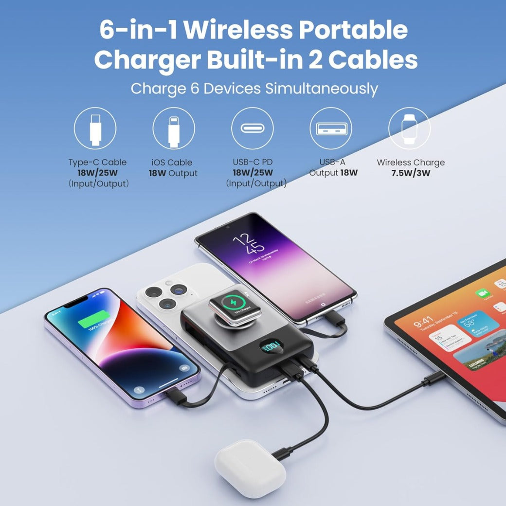 Magnetic Power Bank 10800mAh for iPhone with Built-in Cables,6-in-1 Wireless Portable Charger with iWatch Charger,LCD Display 25W PD Fast Charging Battery Pack for iPhone 17/16/15/14/13/12,Apple Watch