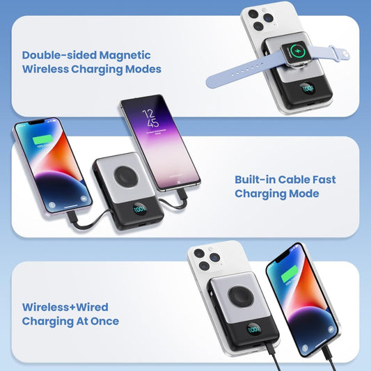 Magnetic Power Bank 10800mAh for iPhone with Built-in Cables,6-in-1 Wireless Portable Charger with iWatch Charger,LCD Display 25W PD Fast Charging Battery Pack for iPhone 17/16/15/14/13/12,Apple Watch