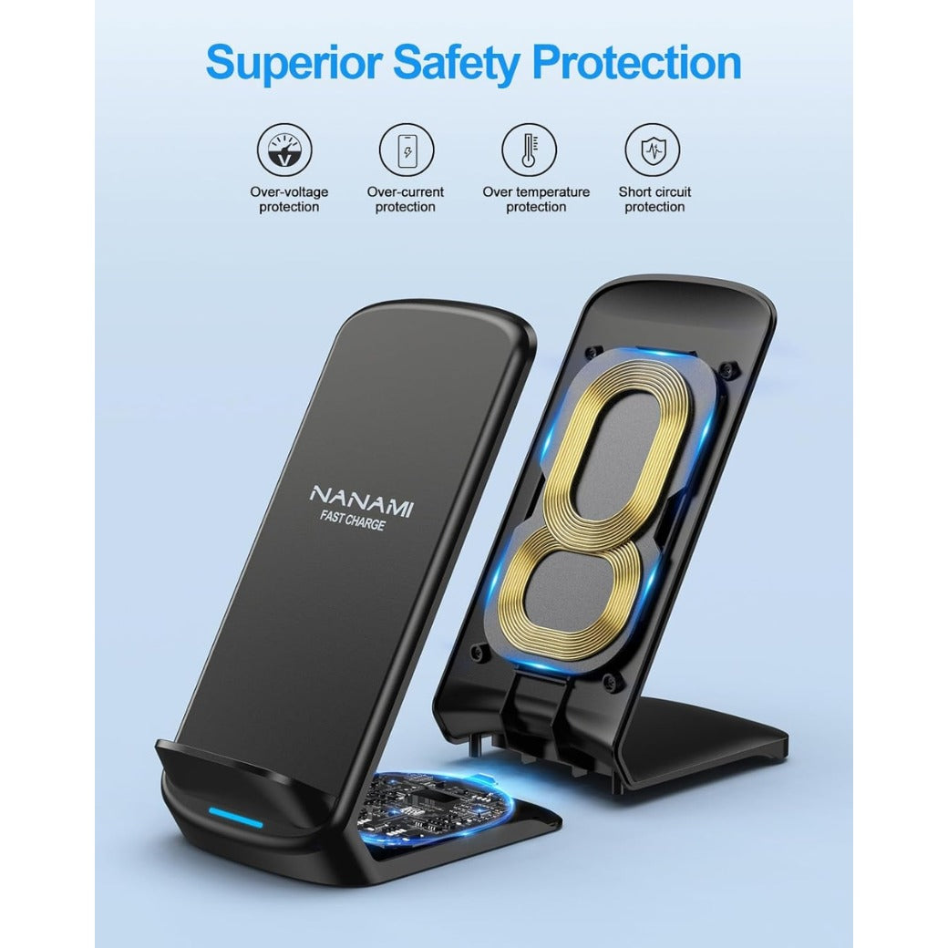 NANAMI Wireless Charger for Samsung and iPhone, 15W Fast Wireless Charging Stand for Galaxy S25 Ultra S24 S23 S22 S21 S20 S10 Note 20, 7.5W for iPhone 17 16 15 14 13 12 11 X XS XR & Qi-Enabled Phone