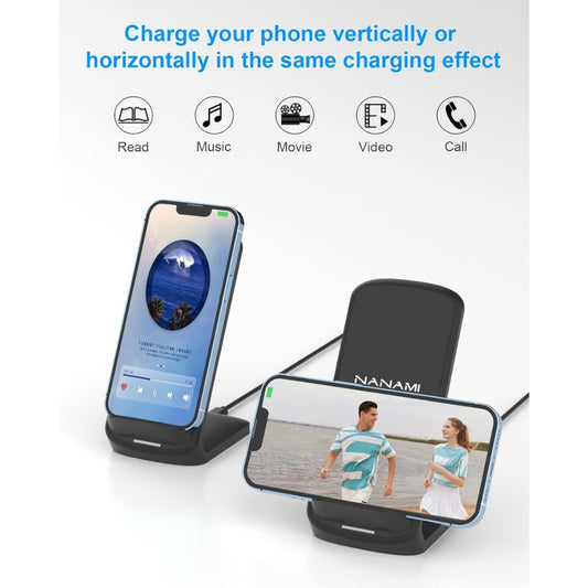 NANAMI Wireless Charger for Samsung and iPhone, 15W Fast Wireless Charging Stand for Galaxy S25 Ultra S24 S23 S22 S21 S20 S10 Note 20, 7.5W for iPhone 17 16 15 14 13 12 11 X XS XR & Qi-Enabled Phone
