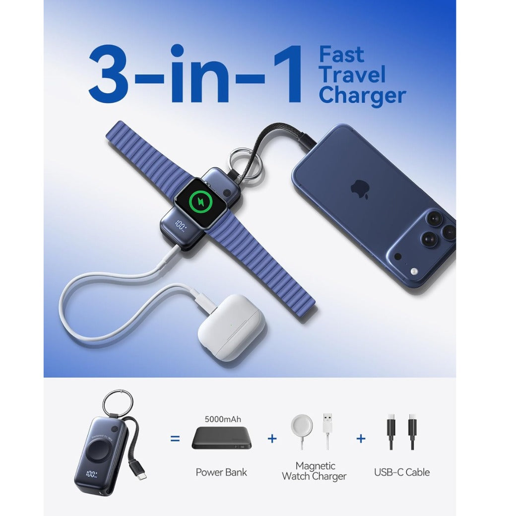 Power Bank, Pocket-Size 20W 5000mAh Portable Charger, Fast Charging Powerbank with Built-in USB C Cable and Keychain, Battery Pack for Apple Watch Ultra 11 10 9 8 7 SE, iPhone 17 16 15 Air, etc.