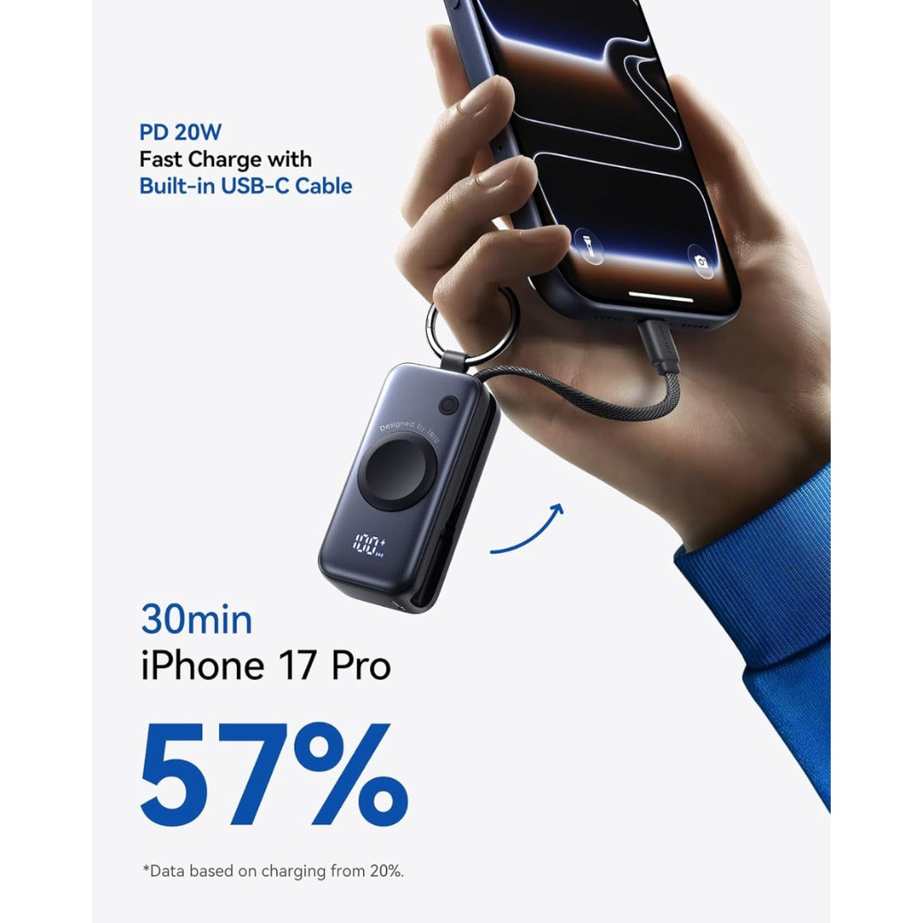 Power Bank, Pocket-Size 20W 5000mAh Portable Charger, Fast Charging Powerbank with Built-in USB C Cable and Keychain, Battery Pack for Apple Watch Ultra 11 10 9 8 7 SE, iPhone 17 16 15 Air, etc.