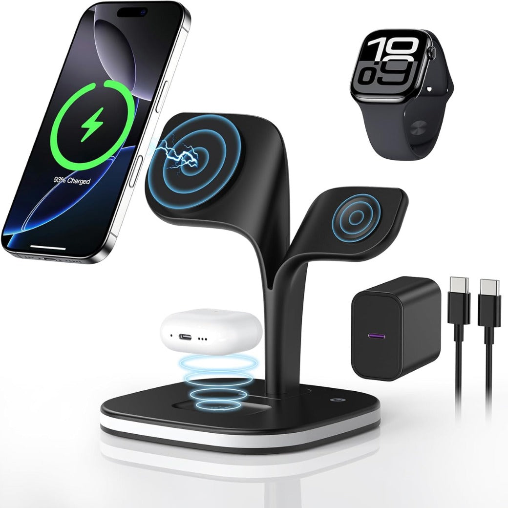 3 in 1 Wireless Charging Station for Apple Devices, MagSafe Wireless Charger Magnetic Charging for iPhone 17/Air/16/15/14/13/12 Series, AirPods Pro 4/3/2,Apple Watch Series/Ultra (with 20W PD Charger)