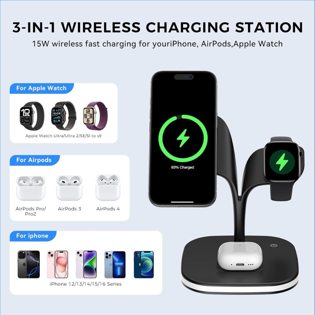 3 in 1 Wireless Charging Station for Apple Devices, MagSafe Wireless Charger Magnetic Charging for iPhone 17/Air/16/15/14/13/12 Series, AirPods Pro 4/3/2,Apple Watch Series/Ultra (with 20W PD Charger)