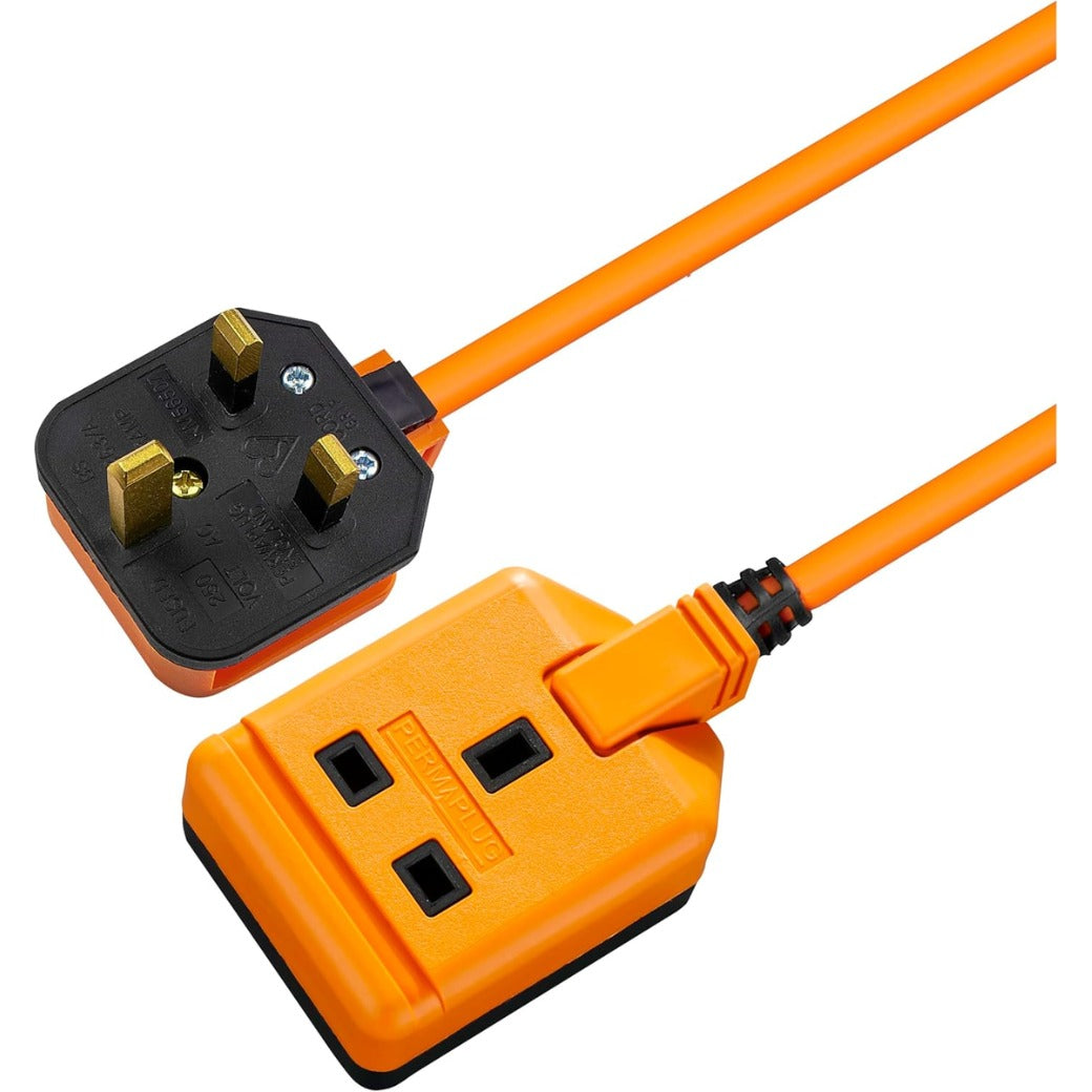 One Socket Single Extension Lead, 5 Metre Cable, Unswitched, Heavy Duty, Rewireable, 1-Way Plug Extension Cable, Work Power, Permaplug, Orange, 13A, 1G, 5m, EXS1315O