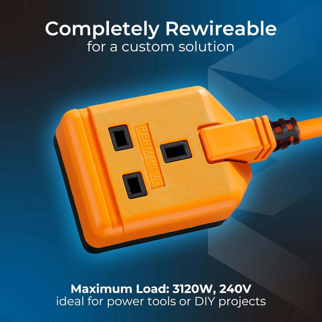 One Socket Single Extension Lead, 5 Metre Cable, Unswitched, Heavy Duty, Rewireable, 1-Way Plug Extension Cable, Work Power, Permaplug, Orange, 13A, 1G, 5m, EXS1315O