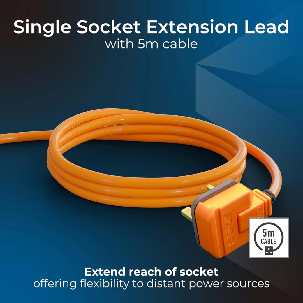 One Socket Single Extension Lead, 5 Metre Cable, Unswitched, Heavy Duty, Rewireable, 1-Way Plug Extension Cable, Work Power, Permaplug, Orange, 13A, 1G, 5m, EXS1315O