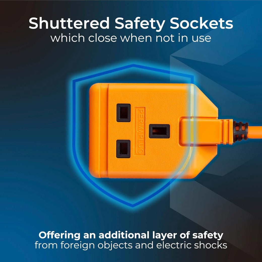 One Socket Single Extension Lead, 5 Metre Cable, Unswitched, Heavy Duty, Rewireable, 1-Way Plug Extension Cable, Work Power, Permaplug, Orange, 13A, 1G, 5m, EXS1315O