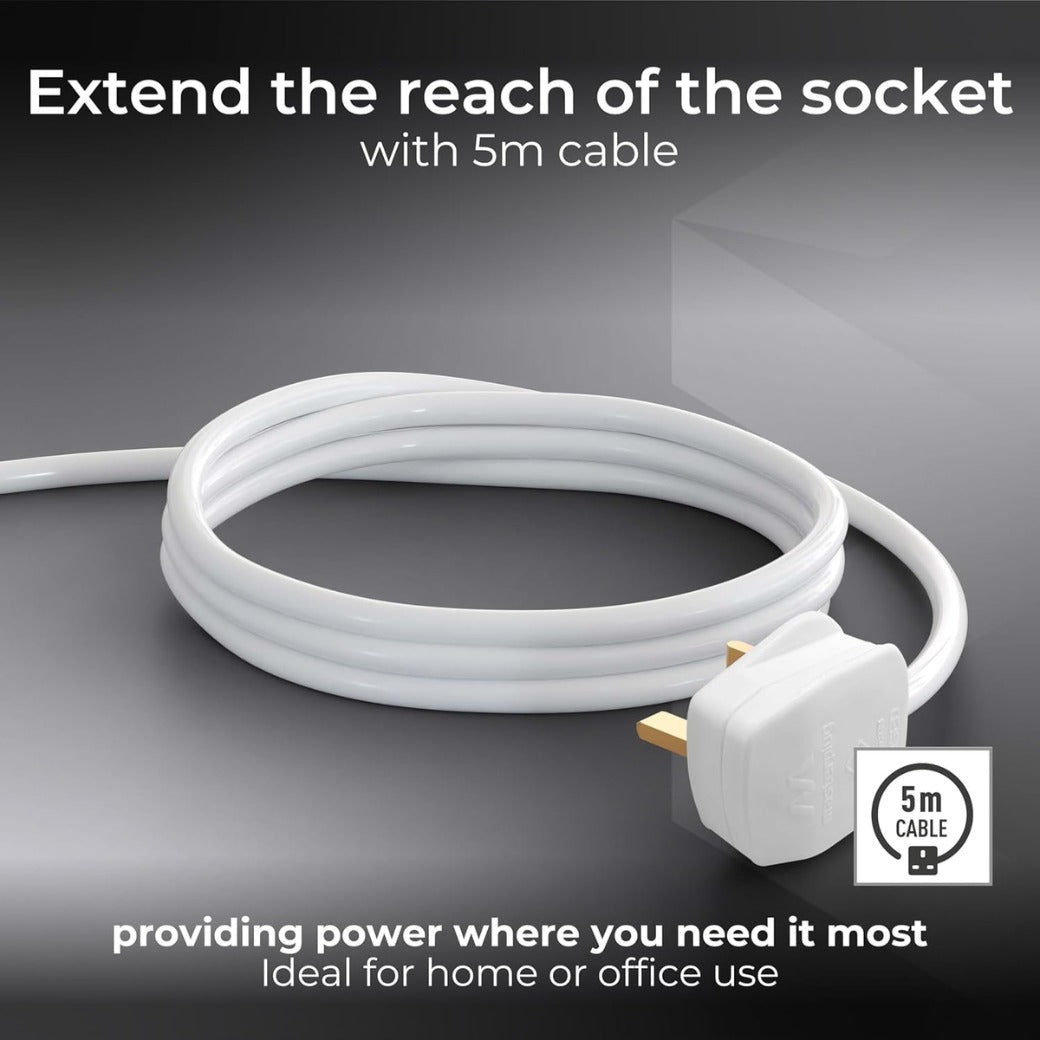 Two Socket Double Extension Lead, 5 Metre Cable, Unswitched, 2-Way Plug Extension Cable, Power Strip, Basic Power, White, 13A, 2G, 5m, BTG5N