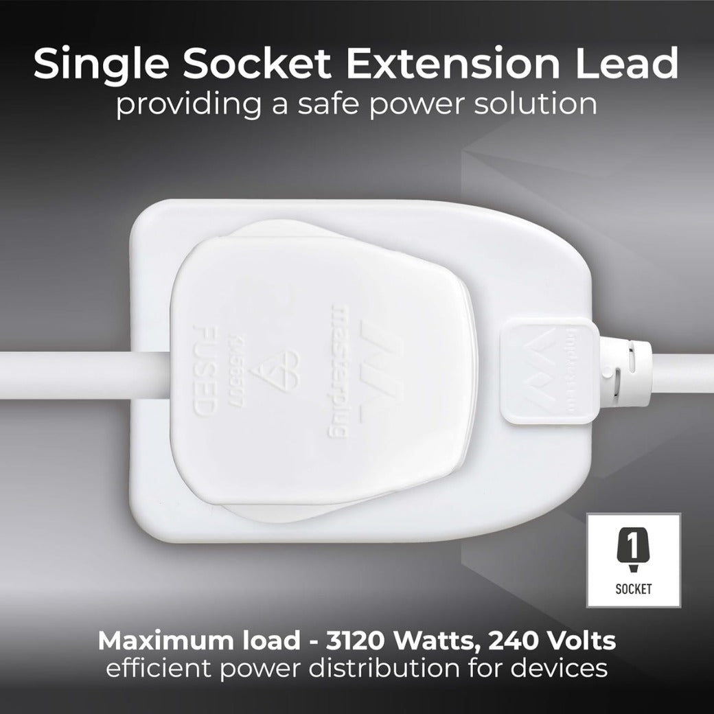 One Socket Single Extension Lead, 5 Metre Cable, Unswitched, 1-Way Plug Extension Cable, Basic Power, White, 13A, 1G, 5m, BOG5