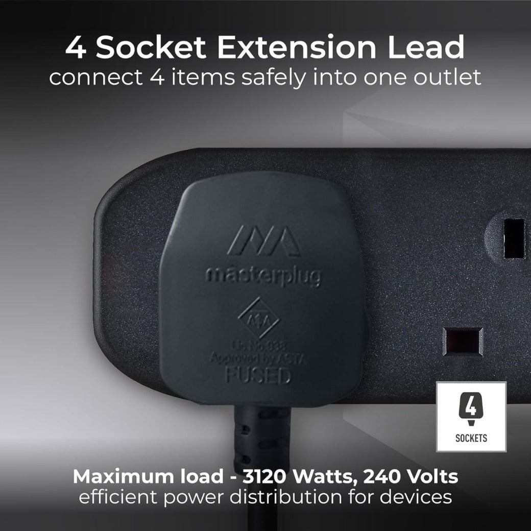 Masterplug Four Socket Extension Lead, 2 Metre Cable, Unswitched, 4-Way Plug Extension Cable, Power Strip, Basic Power, Black, 13A, 4G, 2m, BFG210NB