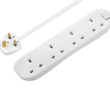 Four Socket Extension Lead, 3 Metre Cable, Unswitched, 4-Way Plug Extension Cable, Power Strip, Basic Power, White, 13A, 4G, 3m, BFG3N