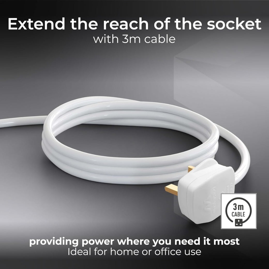 Four Socket Extension Lead, 3 Metre Cable, Unswitched, 4-Way Plug Extension Cable, Power Strip, Basic Power, White, 13A, 4G, 3m, BFG3N