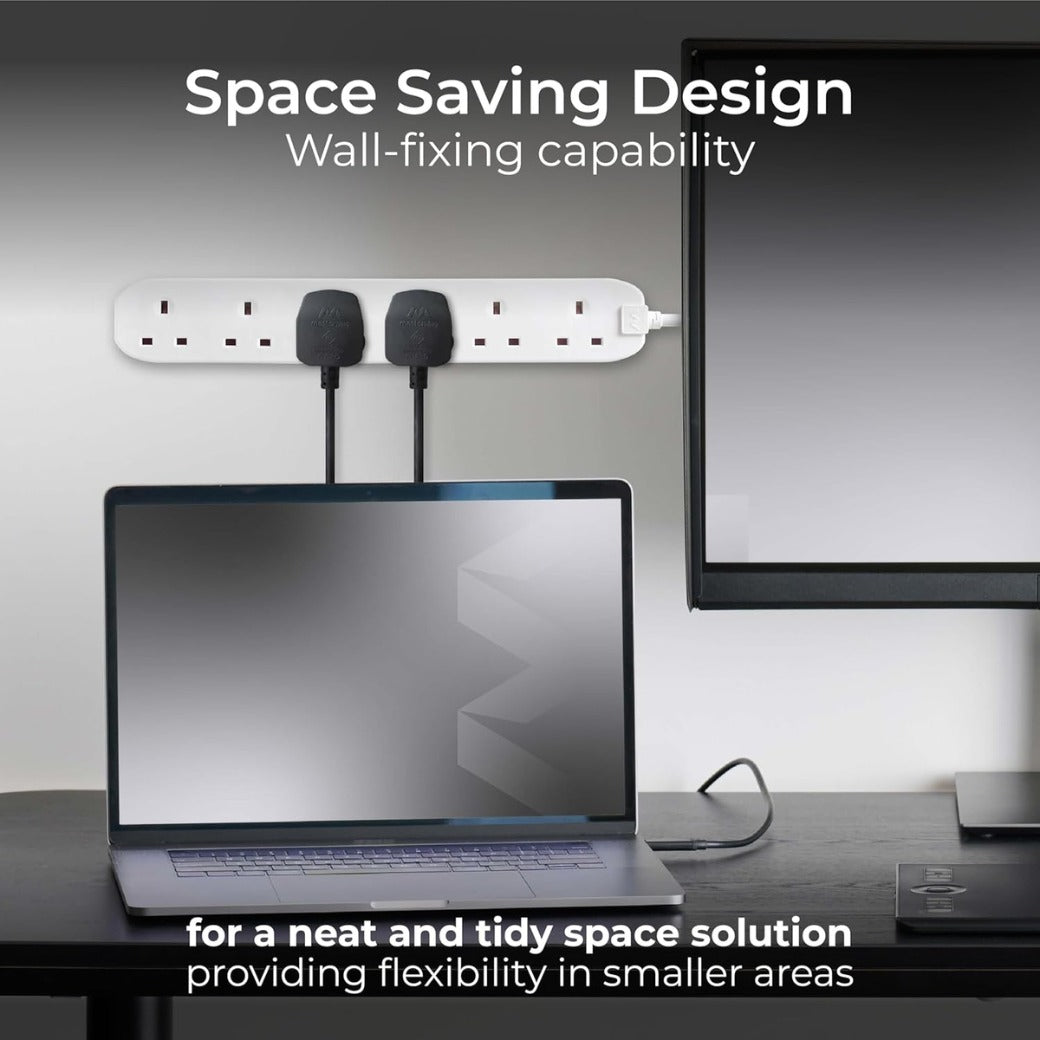 Six Socket Extension Lead, 1 Metre Cable, Unswitched, 6-Way Plug Extension Cable, Power Strip, Basic Power, White, 13A, 6G, 1m, BSG110N