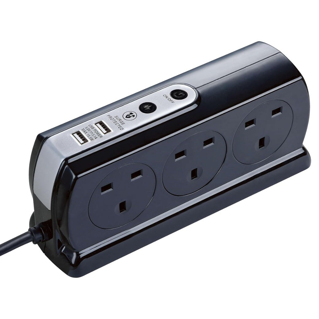 Six Socket Switched Inline Power Surge Protected Extension Lead with Two USB Charging Ports, 2 Metres, Gloss Black