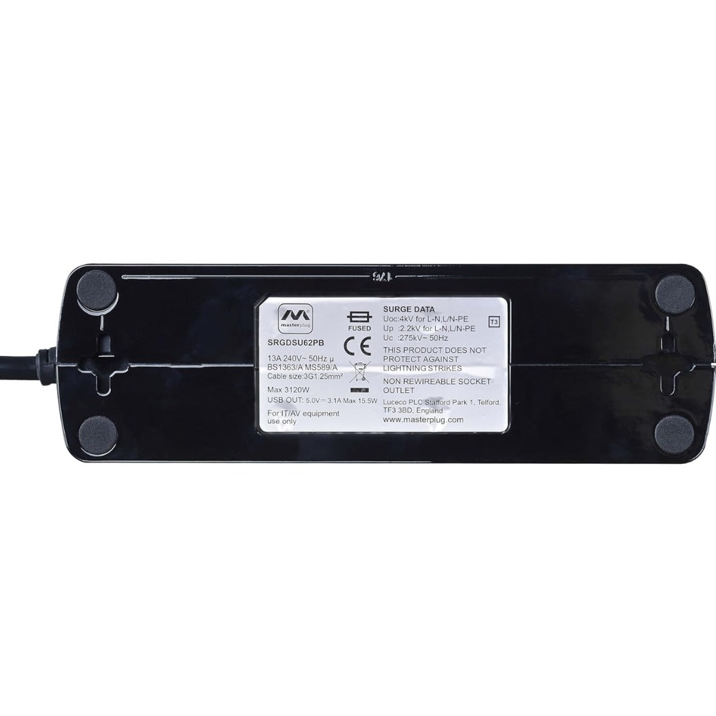 Six Socket Switched Inline Power Surge Protected Extension Lead with Two USB Charging Ports, 2 Metres, Gloss Black