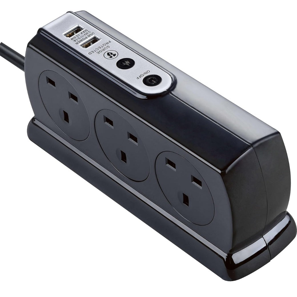Six Socket Switched Inline Power Surge Protected Extension Lead with Two USB Charging Ports, 2 Metres, Gloss Black
