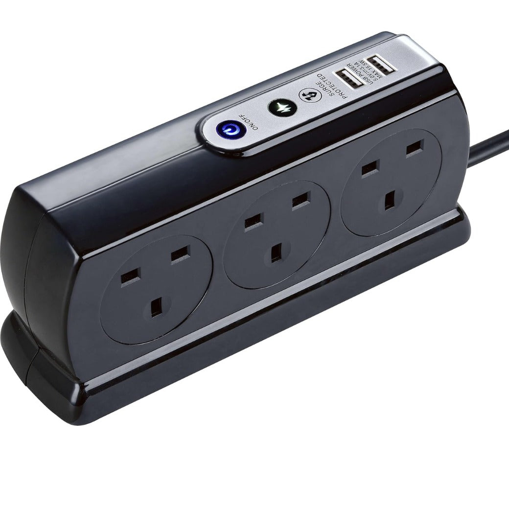Six Socket Switched Inline Power Surge Protected Extension Lead with Two USB Charging Ports, 2 Metres, Gloss Black