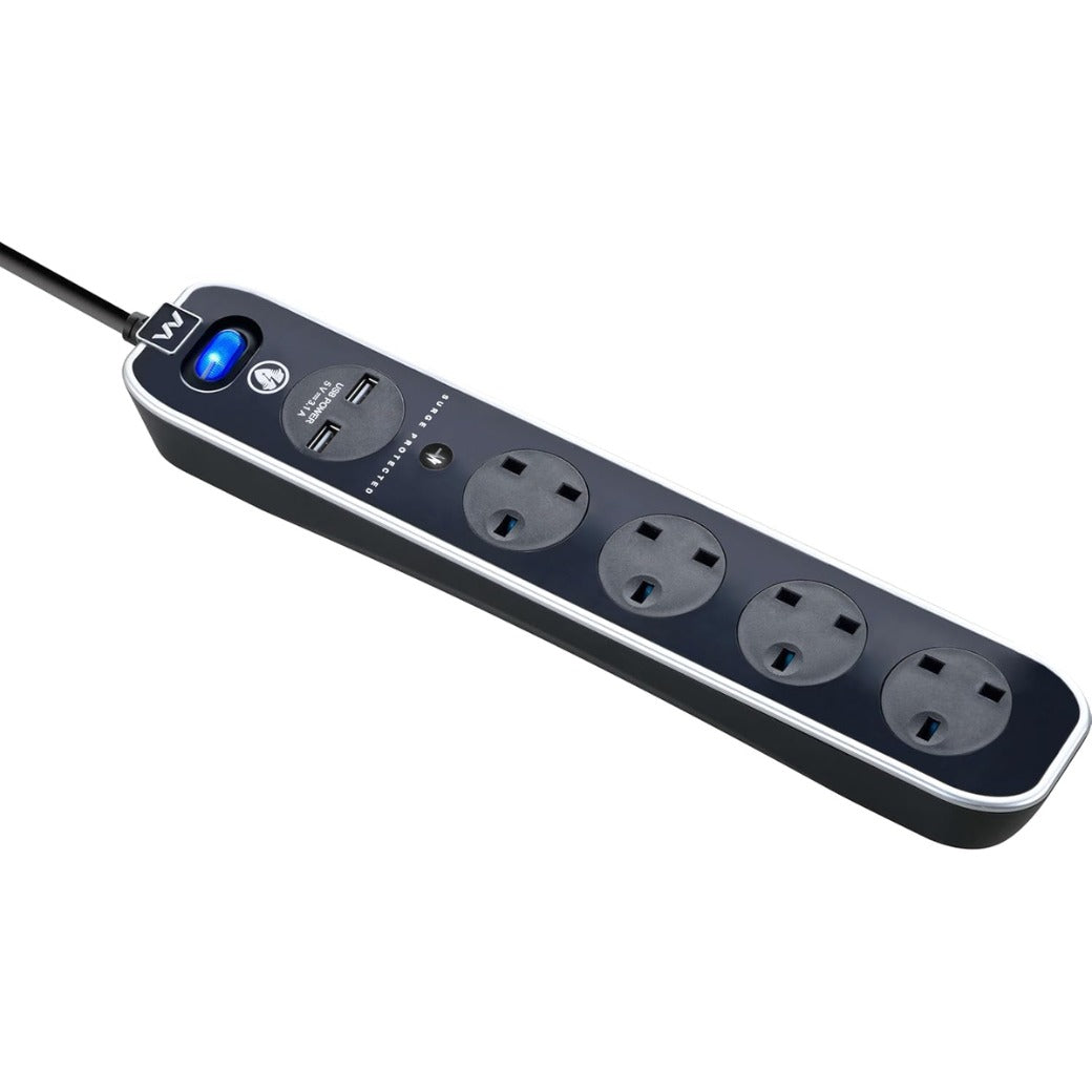 Masterplug Four Socket Switched Inline Power Surge Protected Extension Lead with Two USB Charging Ports, 2 Metres, Gloss Black