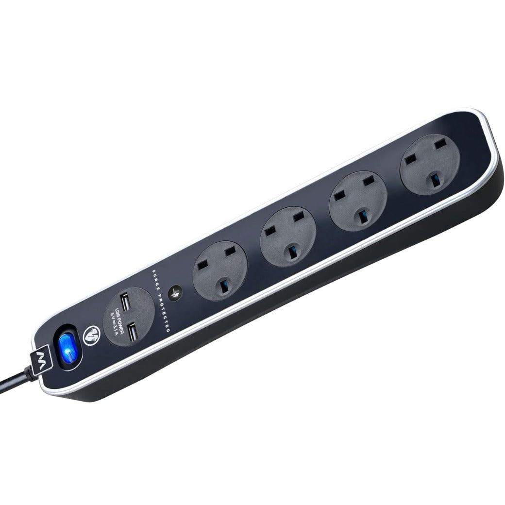 Masterplug Four Socket Switched Inline Power Surge Protected Extension Lead with Two USB Charging Ports, 2 Metres, Gloss Black