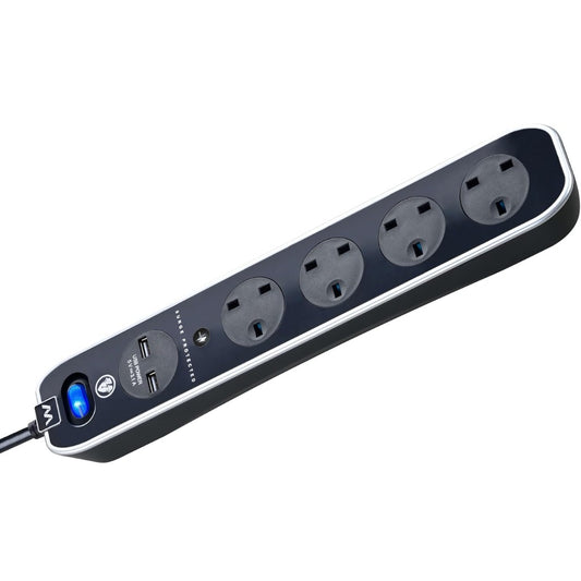 Masterplug Four Socket Switched Inline Power Surge Protected Extension Lead with Two USB Charging Ports, 2 Metres, Gloss Black
