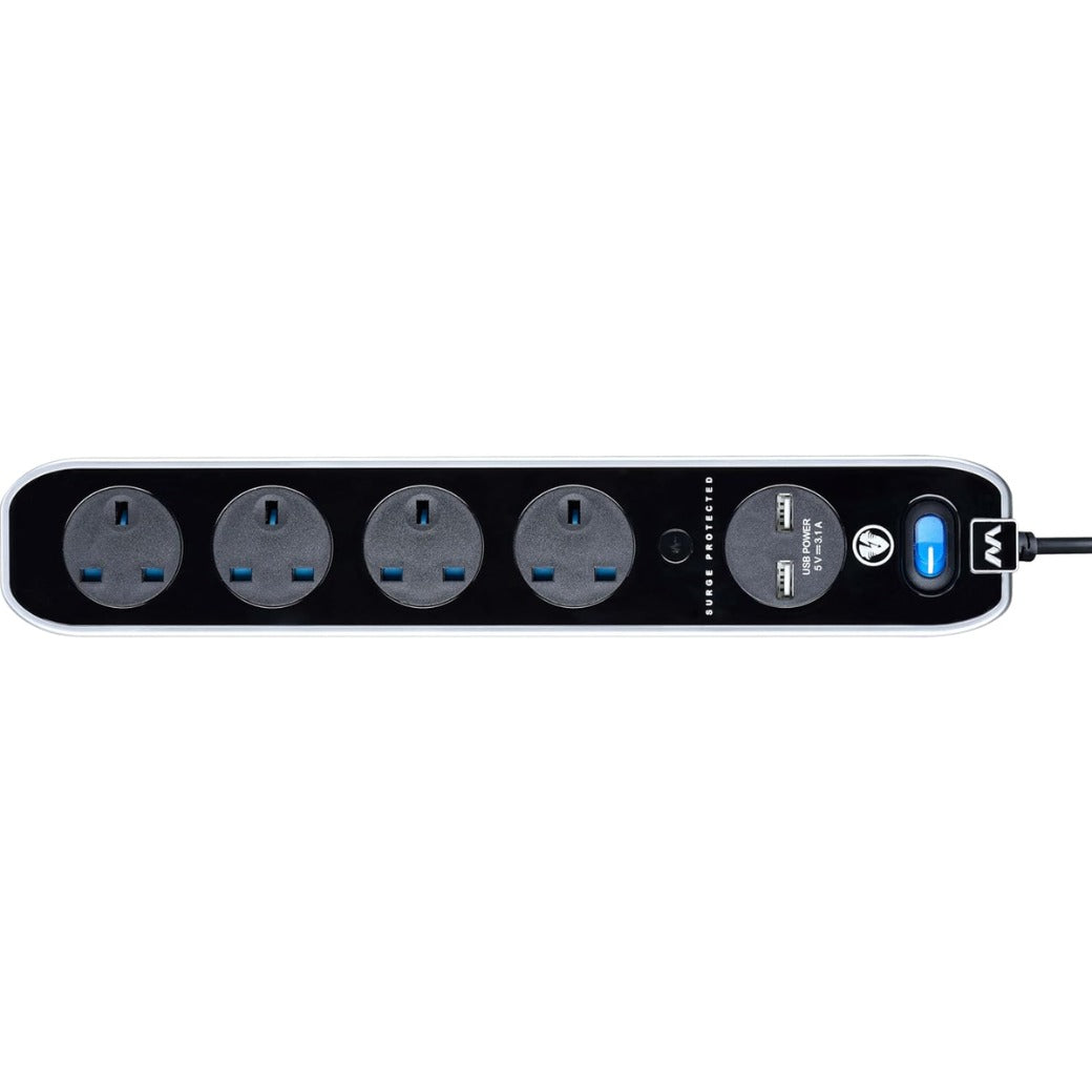 Masterplug Four Socket Switched Inline Power Surge Protected Extension Lead with Two USB Charging Ports, 2 Metres, Gloss Black